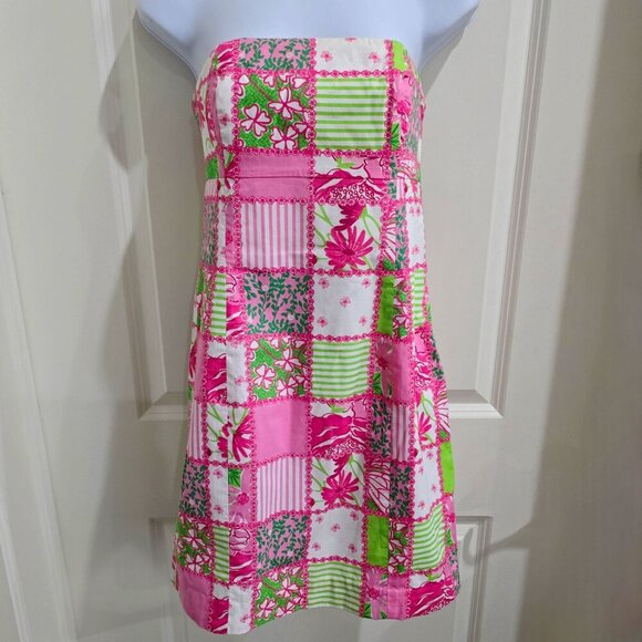 Lilly Pulitzer ✦ Strapless Patchwork Dress ✦ Pink Green Floral Stripe Cotton 2 - Picture 12 of 14